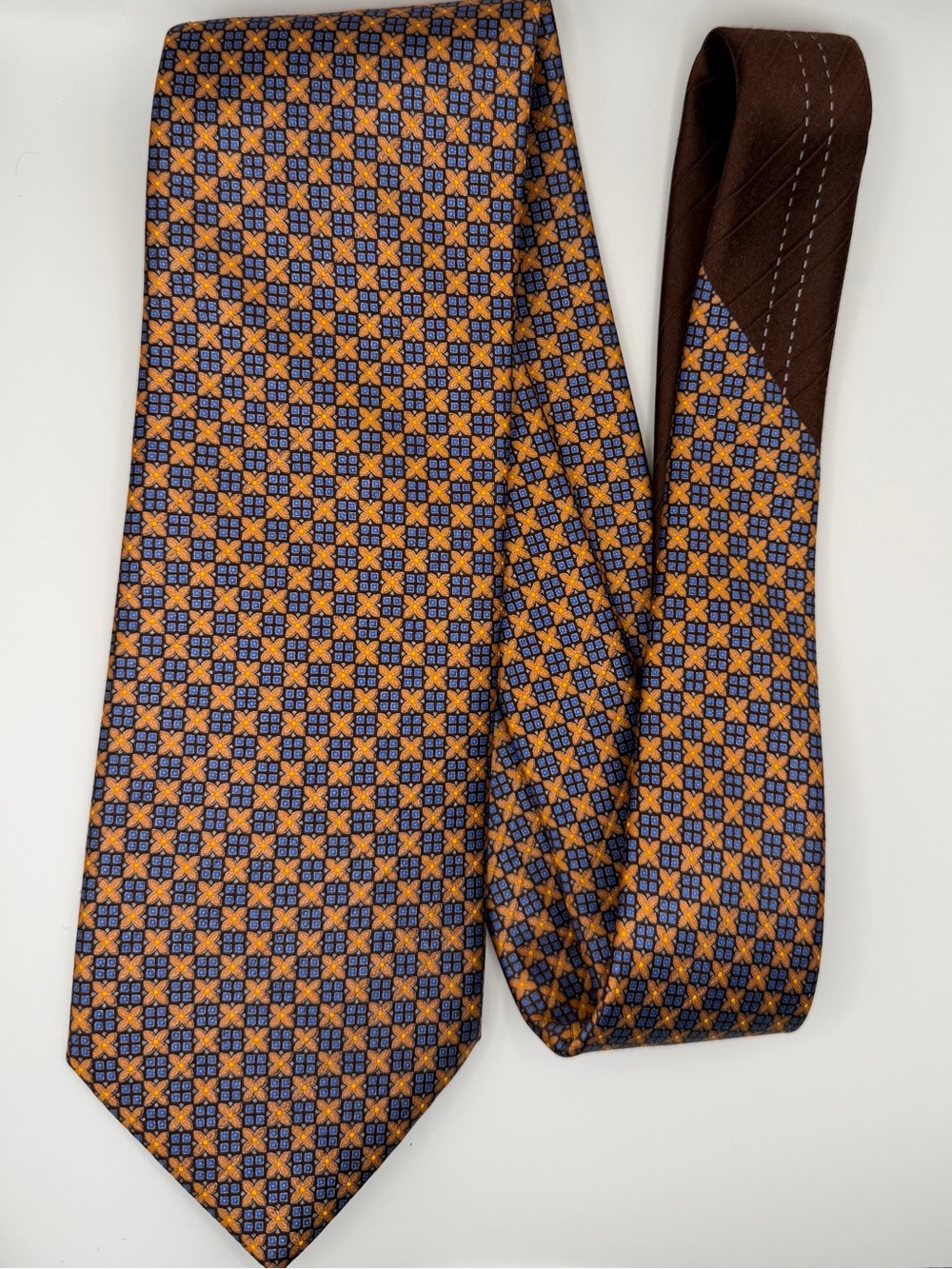 Ermenegildo Zegna 100% Silk Tie Brown Orange Blue Geometric 3.5” Italy